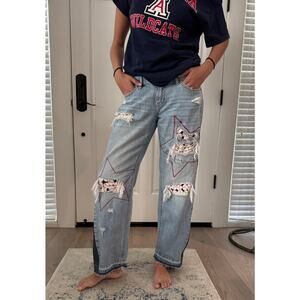 Upcycled Eucina Distressed Jeans w/ Baseball Theme Embroidered Stars Size 7